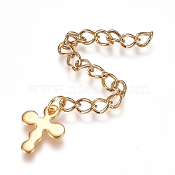 304 Stainless Steel Chain Extender, Curb Chain, with Charms, Cross, Golden, 62.5mm, Link: 4x3x0.5mm(STAS-G221-17G)