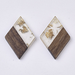 Transparent Resin & Walnut Wood Pendants, with Gold Foil, Waxed, Rhombus, Gold, 29x19.5x3.5mm, Hole: 2mm(X-RESI-T042-01-A01)