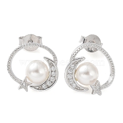 Shell Pearl Dangle Stud Earrings, Moon & Star Real Platinum Plated Rhodium Plated 925 Sterling Silver Earrings, with 925 Stamp, Seashell Color, 13x13mm(EJEW-Z024-09A-P)