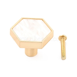 Hexagon with Marble Pattern Brass Box Handles & Knobs, with Resin Cabochons and Iron Screws, Matte Gold Color, White, 29.5x34x24.5mm, Hole: 3.5mm(DIY-P054-C06)