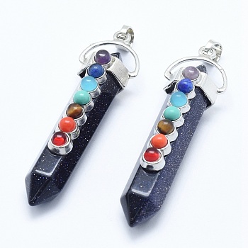 Chakra Jewelry, Synthetic Blue Goldstone Double Terminated Pointed Pendants, with Natural & Synthetic Mixed Stone Alloy Findings, Bullet, Platinum, 58~61x16.5~18x15.5~16mm, Hole: 4.5x7.5mm