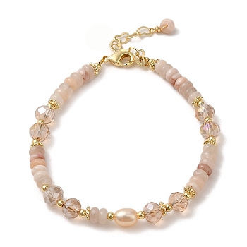 Natural Pearl & Pink Aventurine Beaded Bracelets, with Brass Clasps, Real 14K Gold Plated, 6-5/8 inch(16.9cm)