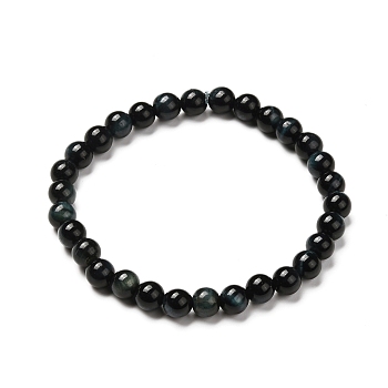 Dyed & Heated Natural Tiger Eye Round Beads Stretch Bracelets, Black, Inner Diameter: 2-1/8 inch(5.4cm)