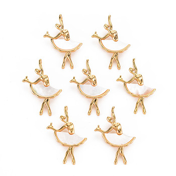 Natural Shell Pendants, with Brass Findings, Long-Lasting Plated, Cadmium Free & Lead Free, Ballet Dancer, Light Gold, 23.5x15x4.5mm, Hole: 1.8mm