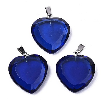 K9 Glass Pendants, with Stainless Steel Pinch Bails and Iron Loop, Heart, Faceted, Blue, 25x23.5x8mm, Hole: 2x7.5mm