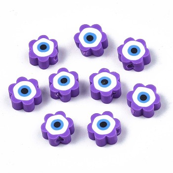 Handmade Polymer Clay Beads, Flower with Evil Eye, Blue Violet, 9x9x4.5mm, Hole: 1.8mm