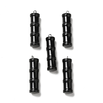 Natural Obsidian Pendants, Bamboo Stick Charms, with Stainless Steel Color Tone 304 Stainless Steel Loops, 45x12.5mm, Hole: 2mm