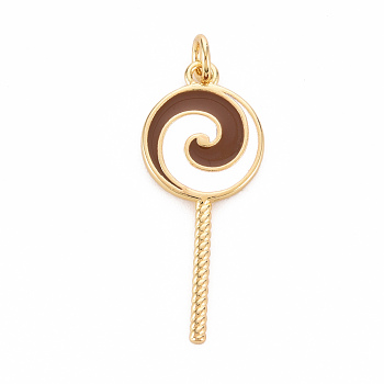 Brass Enamel Pendants, with Jump Ring, Cadmium Free & Nickel Free & Lead Free, Lollipop, Real 16K Gold Plated, Saddle Brown, 30x12.5x1.5mm, Jump Ring: 5x1mm, 3mm inner diameter