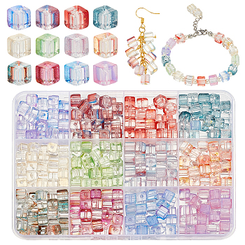 Elite 420pcs 12 Color Transparent Baking Paint Glass Beads, Cube, Mixed Color, 8x8x8mm, Hole: 1mm, 35pcs/color