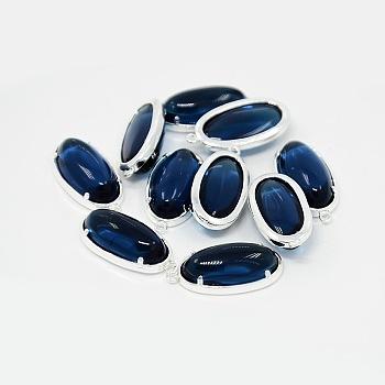 Silver Color Plated Brass Glass Pendants, Oval, Marine Blue, 24x15x7mm, Hole: 1mm