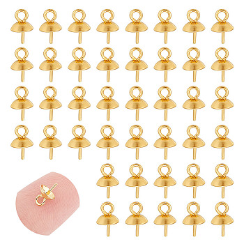 60Pcs Vacuum Plating 304 Stainless Steel Cup Pearl Peg Bails Pin Pendants, For Half Drilled Beads, Golden, 8x5mm, Hole: 1.8mm, Pin: 0.7mm