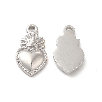 304 Stainless Steel Charms, Sacred Heart Charm, Stainless Steel Color, 14x8x2mm, Hole: 1mm