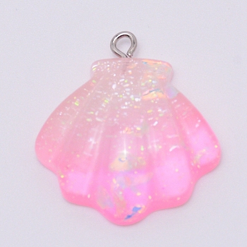 Transparent Resin Pendants, with Platinum Plated Iron Loop, Shell Shape, Violet, 31x27.5x8mm, Hole: 2mm