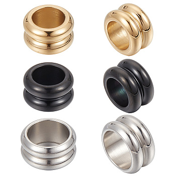 12Pcs 3 Colors 304 Stainless Steel Beads, Large Hole Beads, Grooved, Column, Mixed Color, 10x6mm, Hole: 6.8mm, 4pcs/color