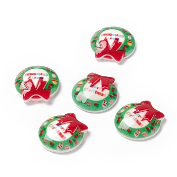 Christmas Themed Opaque Resin Cabochons, Christmas Wreath, Lime Green, 18x18x4.5mm