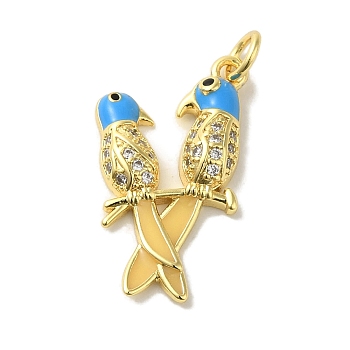 Brass Enamel Micro Pave Cubic Zirconia Pendants, Real 18K Gold Plated Bird Charms, with Jump Ring, Deep Sky Blue, 24x14x3.5mm, Hole: 3.2mm