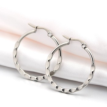 201 Stainless Steel Hoop Earrings, with 304 Stainless Steel Pin, Hypoallergenic Earrings, Dapped Ring, Stainless Steel Color, 31x29.5x2mm, Pin: 1x0.6mm