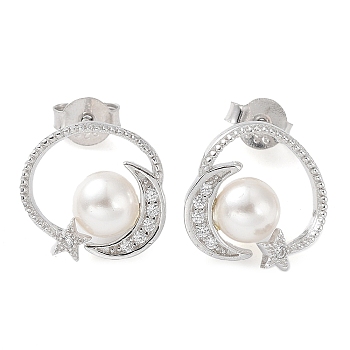 Shell Pearl Dangle Stud Earrings, Moon & Star Real Platinum Plated Rhodium Plated 925 Sterling Silver Earrings, with 925 Stamp, Seashell Color, 13x13mm
