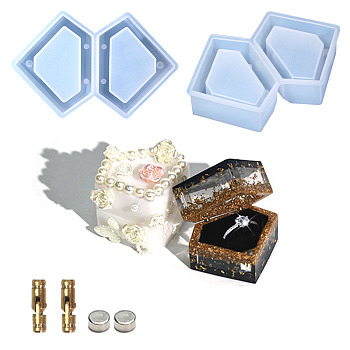 DIY Food Grade Silicone Diamond Shape Ring Storage Box Molds, with Magnet and Hinge, Resin Casting Molds, For UV Resin, Epoxy Resin Craft Making, White, 120x75x25mm