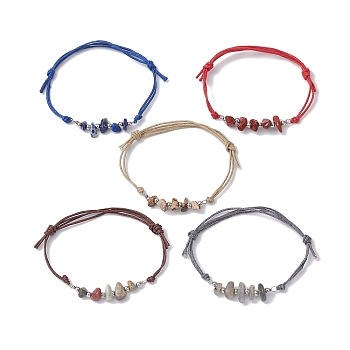 5Pcs Natural Mixed Stone Chips Braided Bead Bracelet Sets, Adjustable Waxed Cotton Cord Bracelets for Women, Inner Diameter: 2-1/8~3-1/4 inch(5.5~8.3cm)