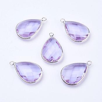 Silver Color Plated Brass Glass Teardrop Pendants, Faceted, Azure, 18x10x5mm, Hole: 2mm