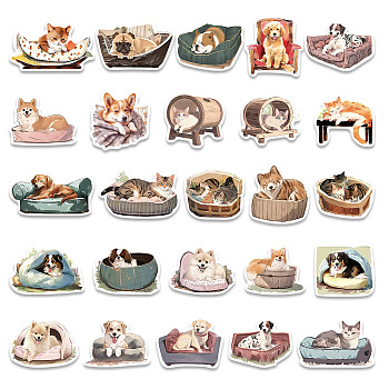 50Pcs Waterproof PVC Dog Cat Stickers Set, Adhesive Label Stickers, for Water Bottles, Laptop, Luggage, Cup, Computer, Mobile Phone, Skateboard, Guitar Stickers, Mixed Color, 53.7x52.1mm
