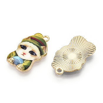 Printed Light Gold Tone Alloy Pendants,Carton Cat with Cap Charms, Olive Drab, 22.5x14x2.5mm, Hole: 1.6mm