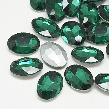 Pointed Back Glass Rhinestone Cabochons, Back Plated, Faceted, Oval, Med.Emerald, 18x13x5.5mm