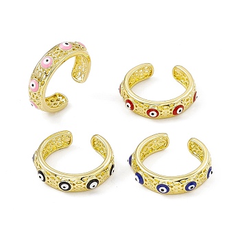 Enamel Evil Eye Open Cuff Ring, Real 18K Gold Plated Brass Hollow Out Hexagon Finger Ring for Women, Cadmium Free & Lead Free, Mixed Color, US Size 7 1/2(17.7mm)