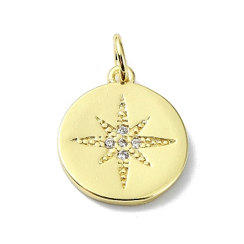 Star Theme Brass Micro Pave Clear Cubic Zirconia Pendants, with Jump Ring, Real 18K Gold Plated, Flat Round, 15x13x1.5mm, Hole: 3mm