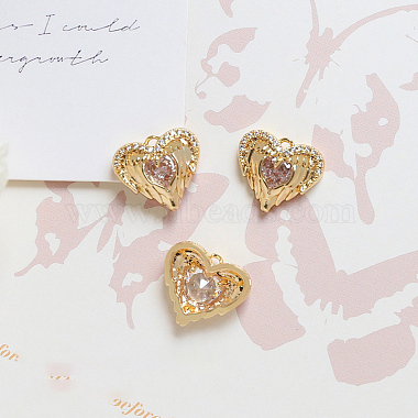 Light Gold Pink Heart Brass+Cubic Zirconia Pendants