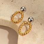 Two Tone 304 Stainless Steel Stud Earrings, Oval, Chain Charm, Golden & Stainless Steel Color, 34x17mm(EJEW-T050-01C-GP)