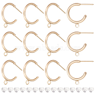 12Pcs Brass Ring Stud Earring Findings, Half Hoop Earring Findings with Horizontal Loops, Nickel Free, with 30Pcs Plastic Ear Nuts, Real 18K Gold Plated, 23x24x2mm, Hole: 2mm, Pin: 0.7mm(KK-BC0011-04)