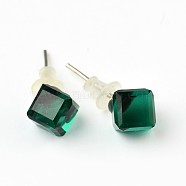 Shiny Glass Rhinestone Stud Earrings, with Platinum Brass Ear Stud Components, Emerald, 9x7mm, Pin: 0.7mm(EJEW-F0039-07)