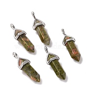 Natural Unakite Pendants, Faceted, with Platinum Tone Brass Findings, Lead free & Cadmium Free, Bullet, 27~30x9~10x7~8mm, Hole: 4x3mm(G-K329-39P)
