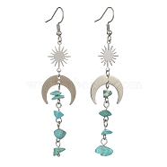 Synthetic Turquoise Chips Tassel Dangle Earrings, Brass Sun & 201 Stainless Steel Moon Long Drop Earrings, 80~85x20mm(EJEW-TA00260-02)