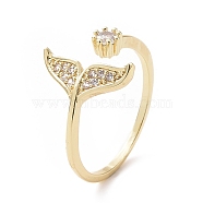 Clear Cubic Zirconia Whale Tail Shape Open Cuff Ring, Brass Jewelry for Women, Golden, Inner Diameter: 18.6mm(RJEW-H127-40G)
