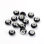 Glass European Beads, Large Hole Beads, Faceted, Black, with Iron Core in Silver Color, about 13mm wide, 10mm long, hole: 5mm(GDA001-27)