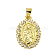 Religion Theme Rack Plating Brass Micro Pave Cubic Zirconia Pendants, Long-Lasting Plated, Cadmium Free & Lead Free, Real 18K Gold Plated, Oval, 20.5x14.5x3mm, Hole: 4.5x3.5mm(KK-C074-40G-03)