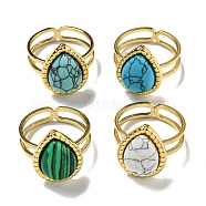 304 Stainless Steel Open Cuff Rings, Synthetic Malachite & Turquoise Teardrop Finger Rings for Women Men, Real 18K Gold Plated, Adjustable(RJEW-C079-15G)