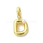 Rack Plating Brass with ABS Plastic Pearl European Dangle Charms, Large Hole Pendants, Long-Lasting Plated, Lead Free & Cadmium Free, Real 18K Gold Plated, Letter D, 23mm long, hole: 5mm, pendant: 15x11x5mm(KK-G501-02D-G)