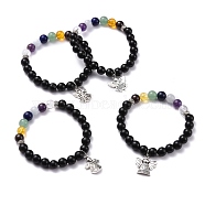 Natural Obsidian & Mixed Stone Round Beads Stretch Bracelet, Mixed Angel Alloy Charm Bracelet for Girl Women, Antique Silver, Inner Diameter: 2-3/8 inch(5.9cm)(BJEW-JB07060)