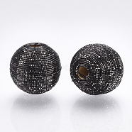 Wood Beads Covered with Polyester Cord Wire, Round, Black, 16~17x15.5~16mm, Hole: 3~4mm(WOVE-S117-16mm-02)