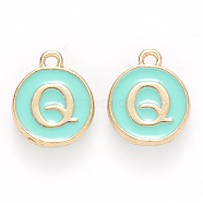 Golden Plated Alloy Enamel Charms, Cadmium Free & Lead Free, Enamelled Sequins, Flat Round with Letter, Turquoise, Letter.Q, 14x12x2mm, Hole: 1.5mm(ENAM-S118-05Q)