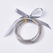 PVC Plastic Buddhist Bangle Sets, Jelly Bangles, with PU Leather Cords Inside and Polyester Ribbon, Light Grey, 2-1/2 inch(6.3cm), 5pcs/set(BJEW-Q698-02)