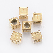 304 Stainless Steel Large Hole Letter European Beads, Horizontal Hole, Cube with Letter.E, Golden, 8x8x8mm, Hole: 5mm(STAS-H428-01G-E)