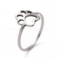 201 Stainless Steel Paw Print Finger Ring, Hollow Wide Ring for Women, Stainless Steel Color, US Size 6 1/2(16.9mm)(RJEW-J051-25P)