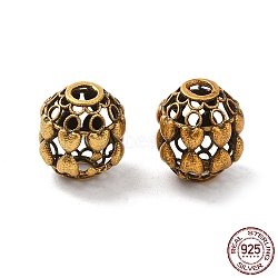 925 Sterling Silver Beads, Hollow Oval with Heart, with S925 Stamp, Antique Golden, 9x8mm, Hole: 2mm(STER-m113-13AG)