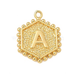 Brass Pendants, Hexagon Letter Charms, Letter A, 20x16x2.5mm, Hole: 1.5mm(KK-B126-01G-A)