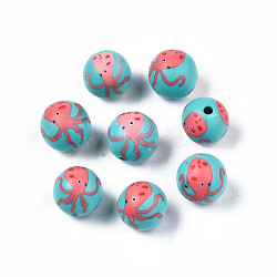 Handmade Polymer Clay Beads, Round with Octopus, Dark Turquoise, 9.5~10.5x9.5mm, Hole: 1.4mm(CLAY-S092-68)